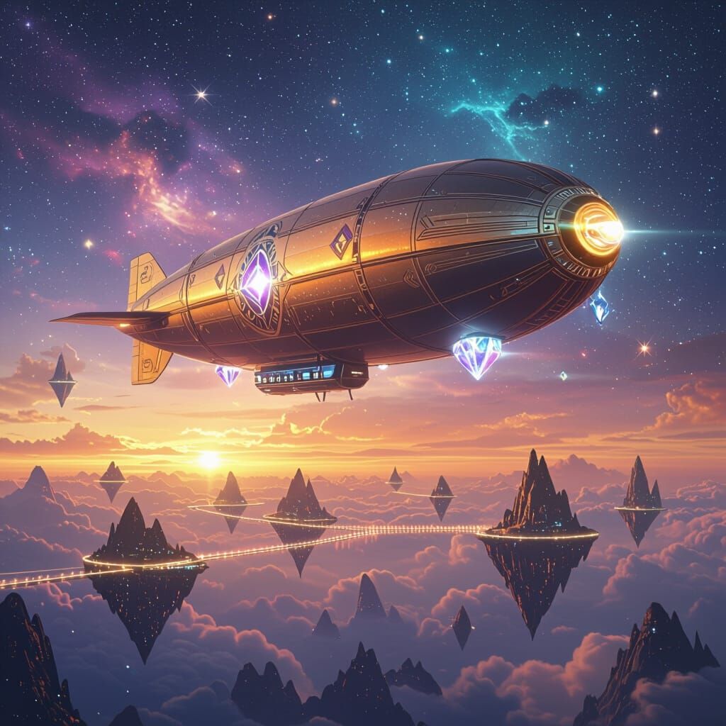 Art Deco Airship Sails Through Nebula Sky