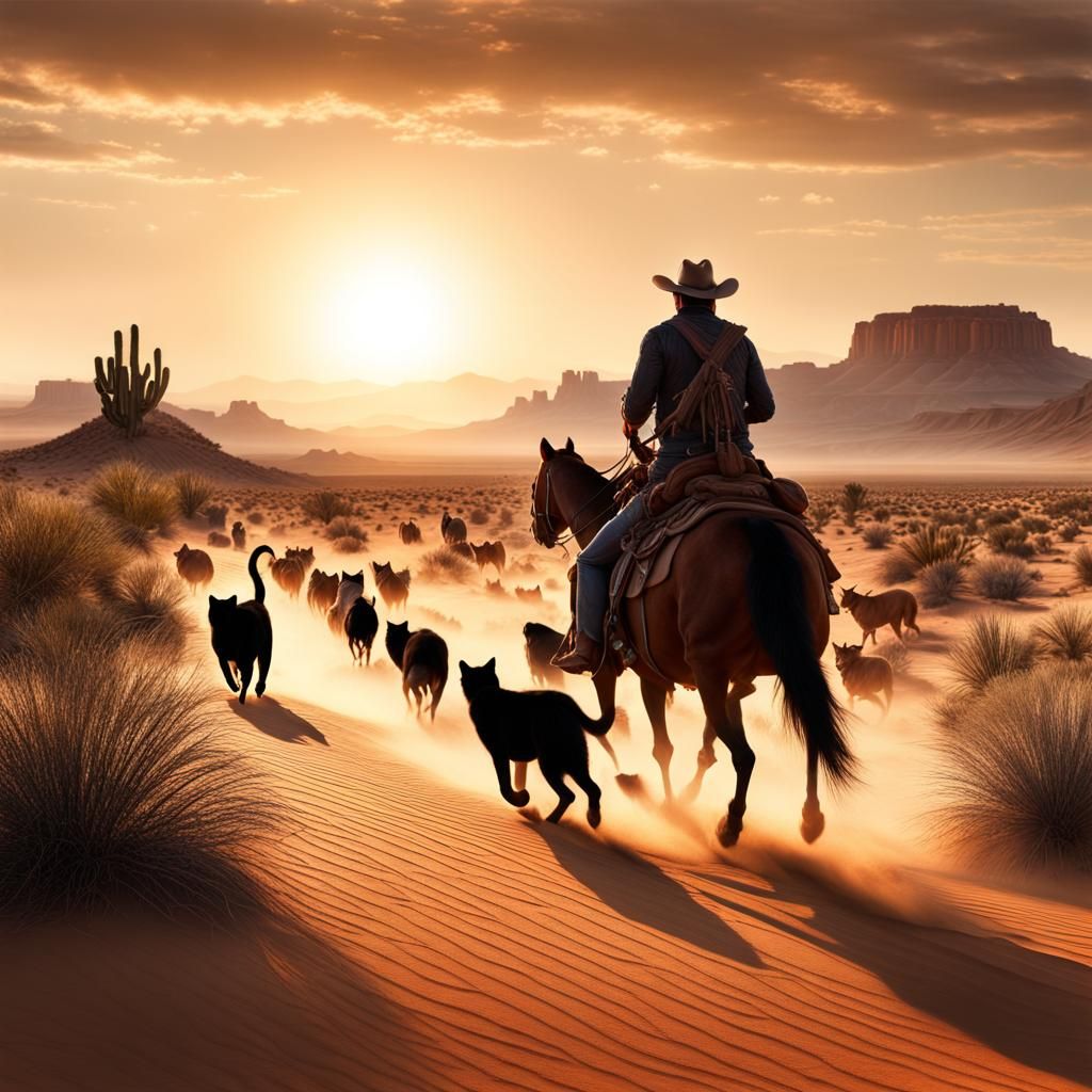 Cowboy Herding Cats in Desert Sunset, Hyperrealistic