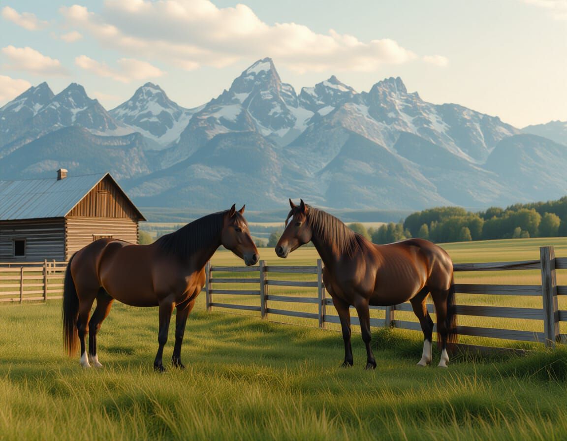 Magnificent Horses on Rustic Farm with Mountain Backdrop