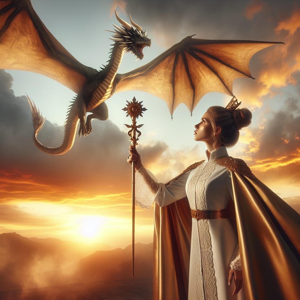 Regal Woman Stands Tall with Golden Scepter in Hand