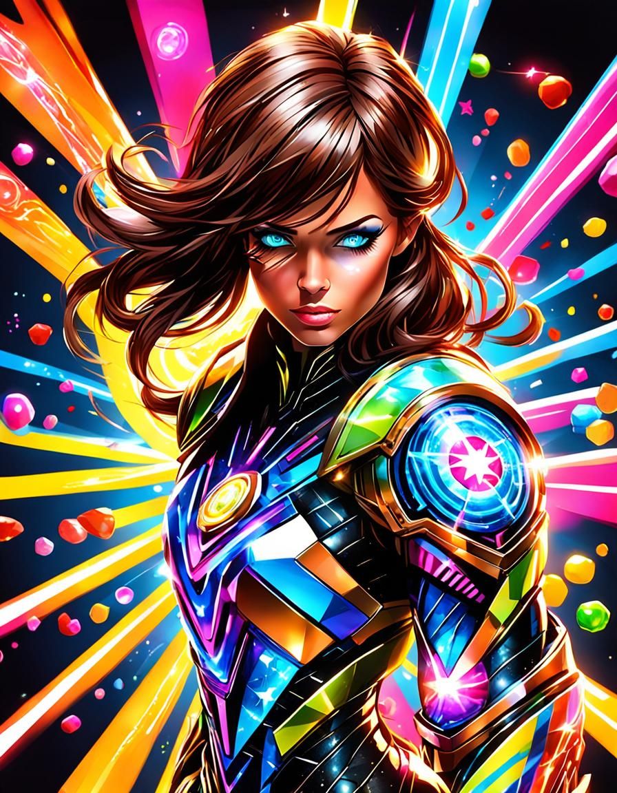 Hyper Girl: Armored Superhero with Neon Candy Power