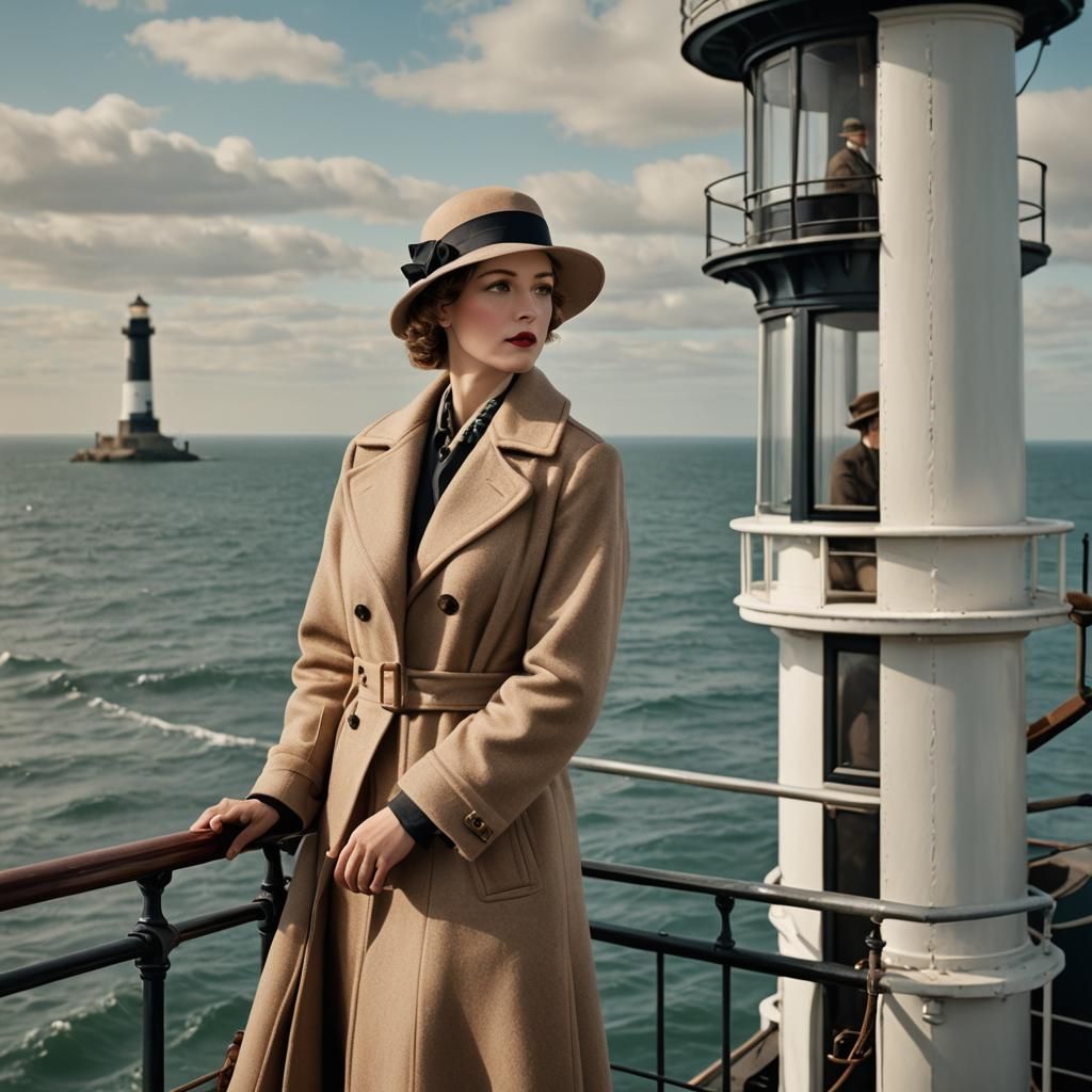 Chic Woman on Lighthouse Balcony in 1920s Style