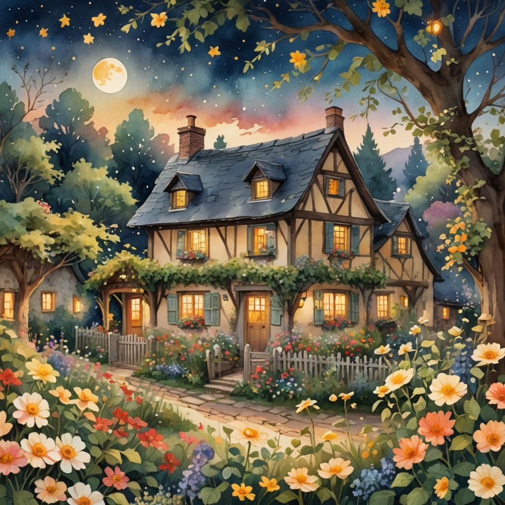 Vintage-Style Cottage in Whimsical Watercolor