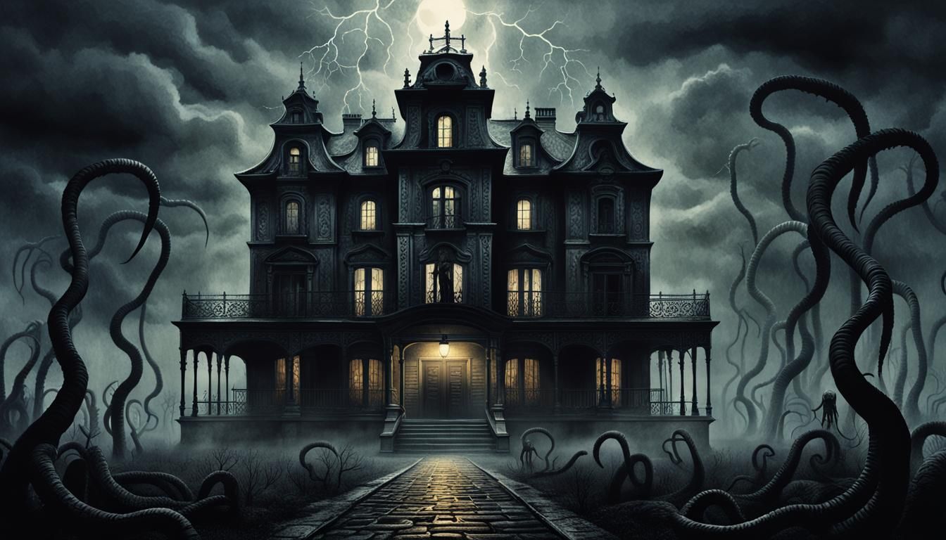 Haunted House Horror Illustration in Dark Fantasy Style