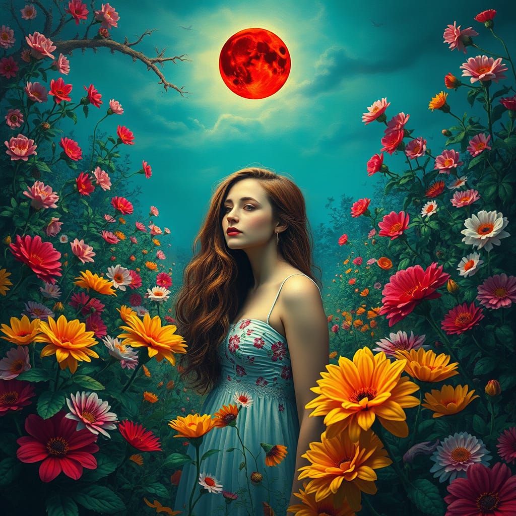 Blooming Garden Under a Crimson Blood Moon