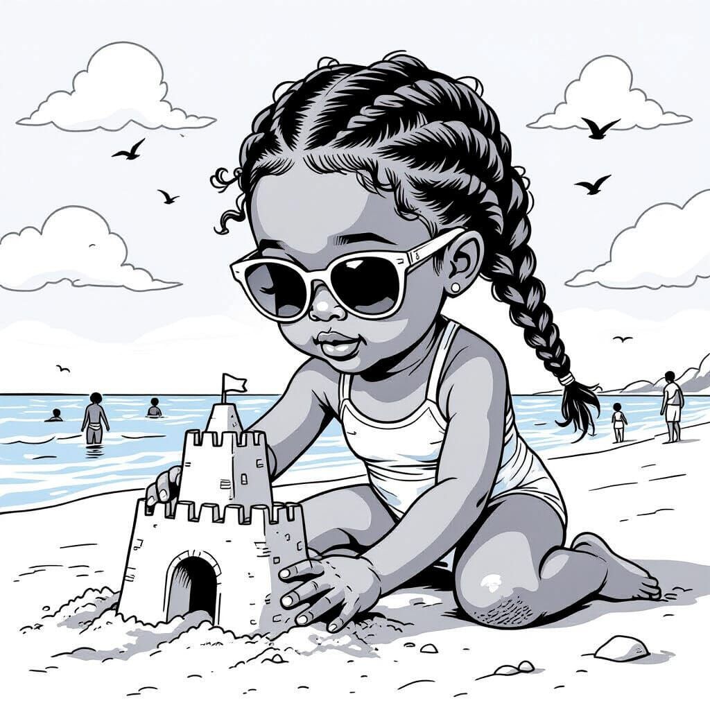 Cartoon Line Art of African American Girl Building Sandcastl...