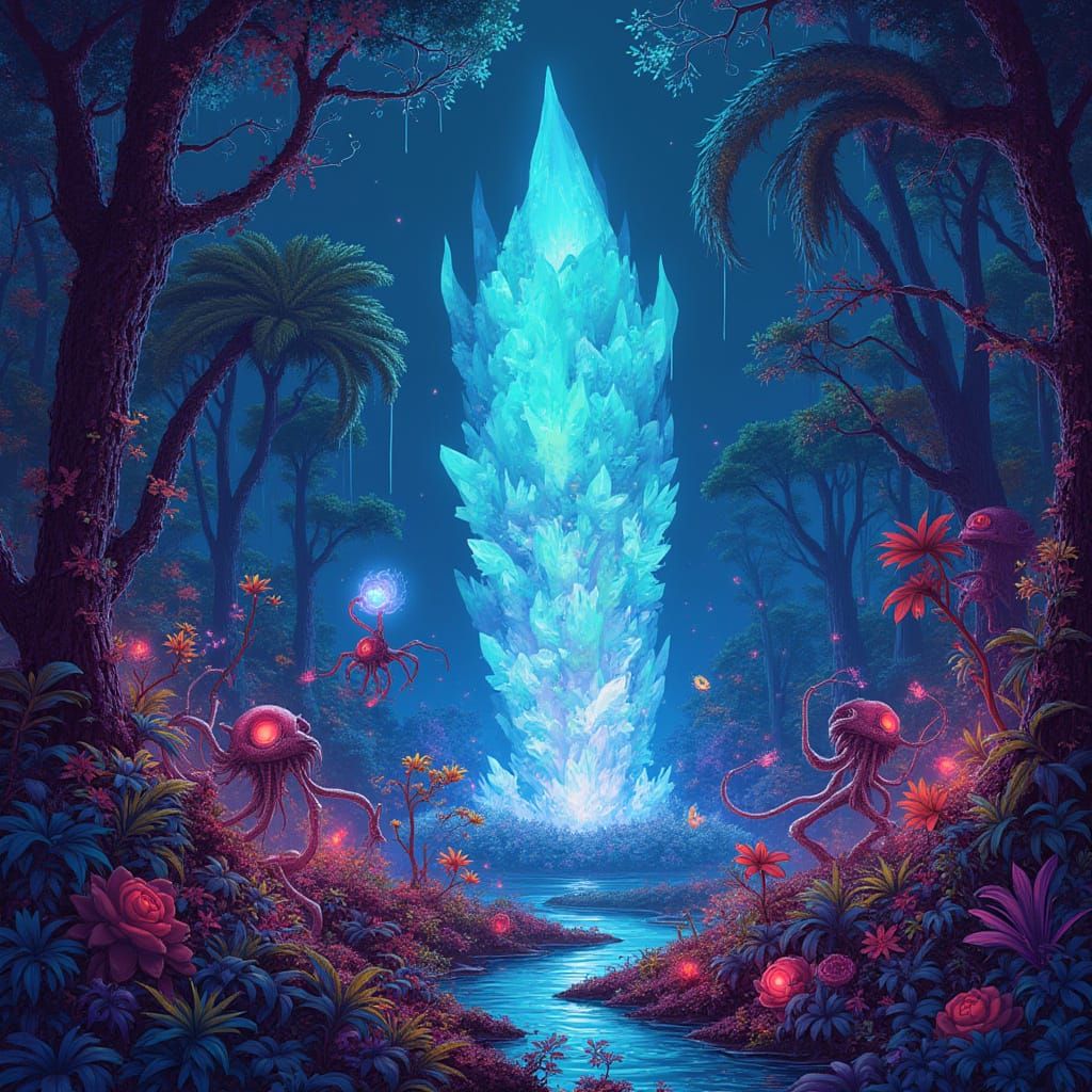 Bioluminescent Alien Jungle With Pulsing Crystal