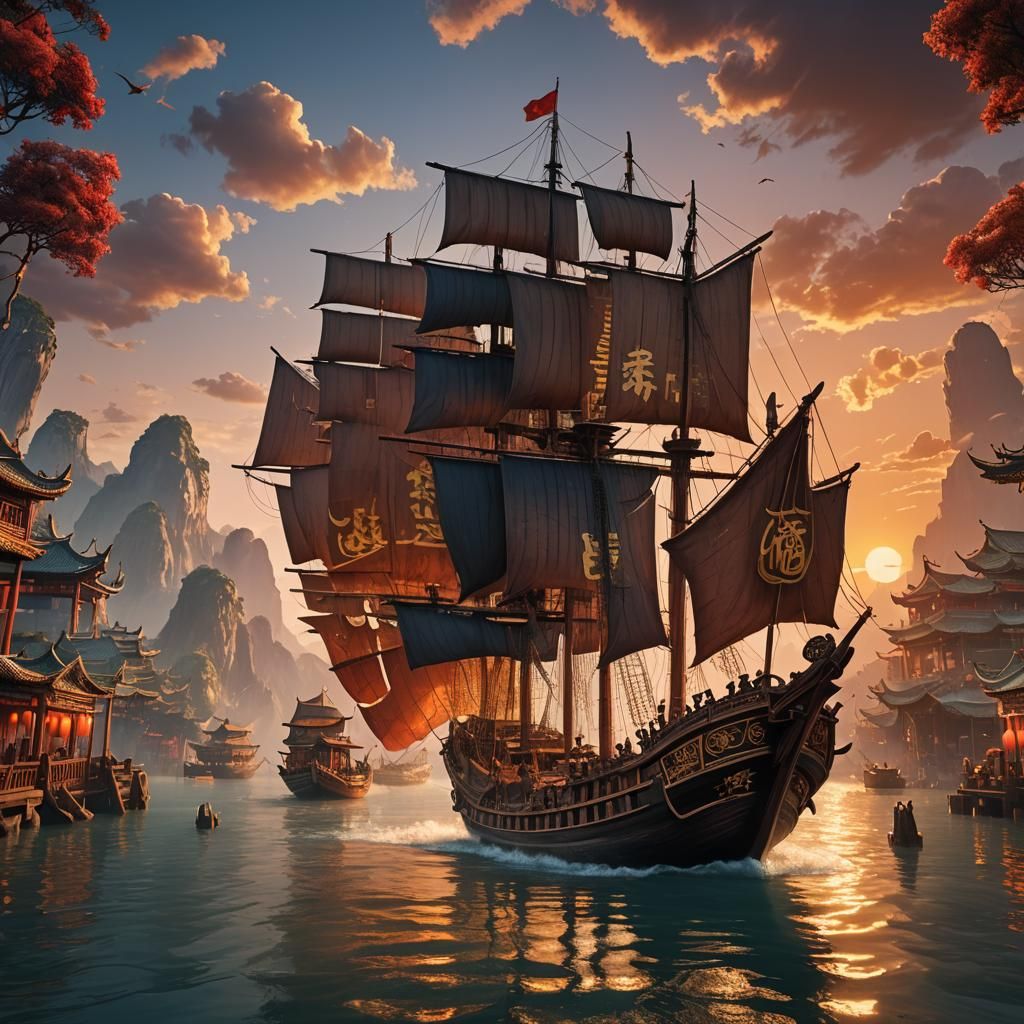 Chinese Junk at Sunset: Detailed Matte Painting
