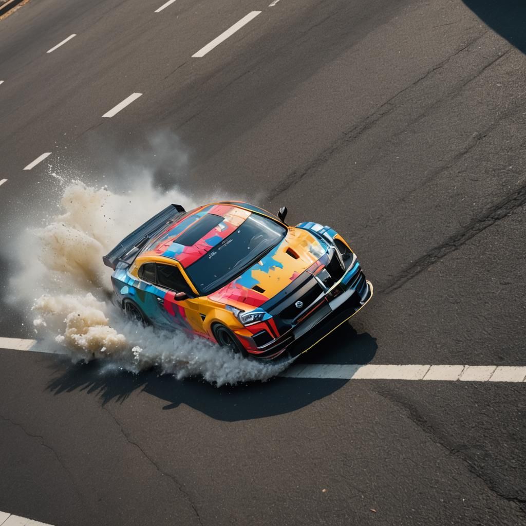 Nissan Skyline Jumps Speed Bump: Hyperrealistic Splash Art