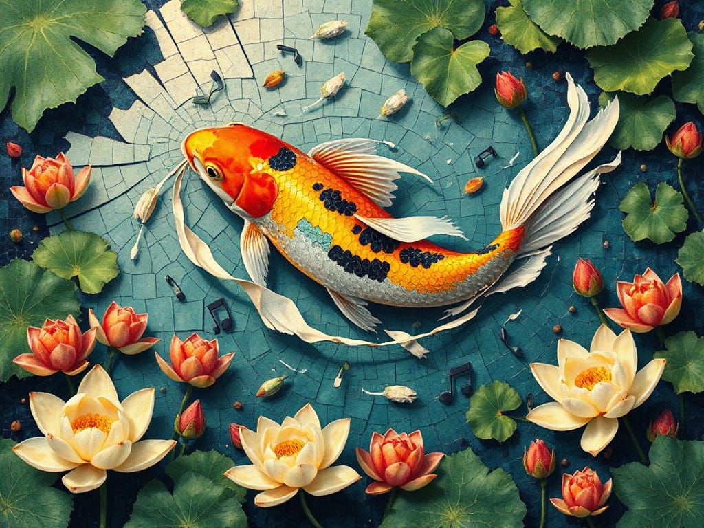 Koi Fish Mosaic in Underwater Lotus Garden