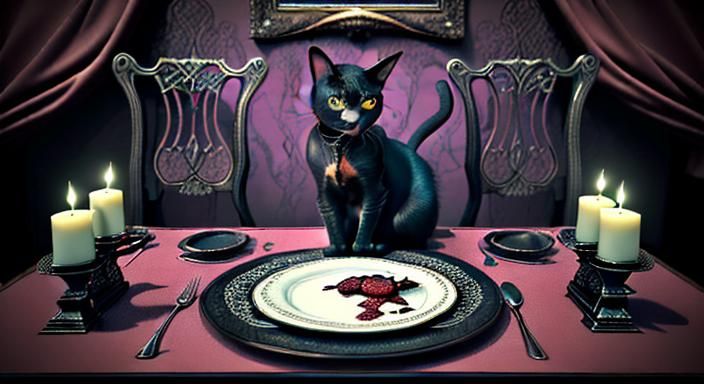 a cat eating a brain on a fancy dinner table set with fine c...