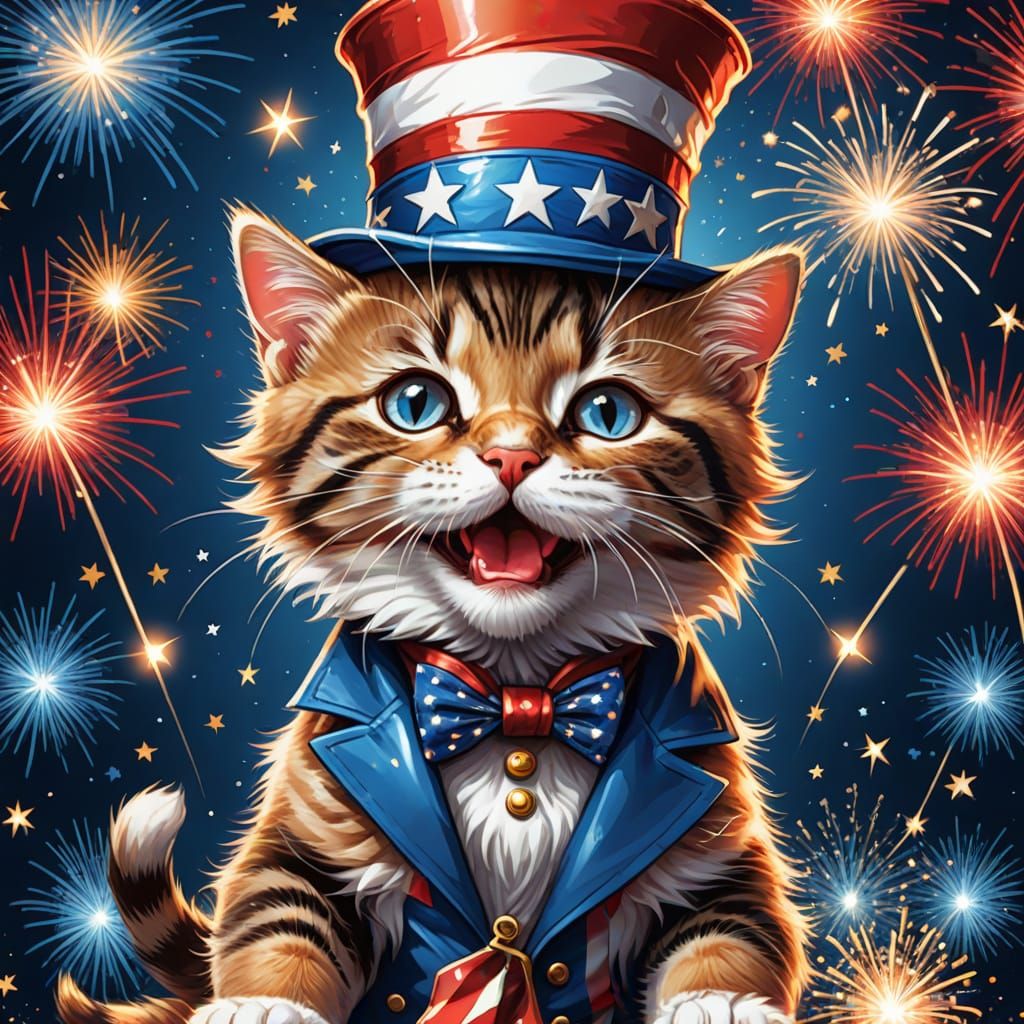 Patriotic Kitten Illustration in Comic Book Style