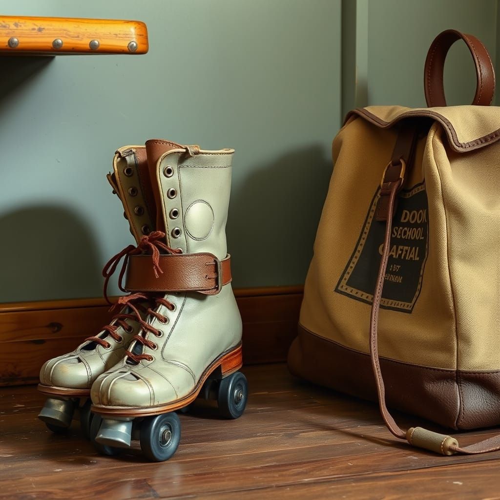 Vintage Roller Skates Sit Beside a Classic School Book Bag i...