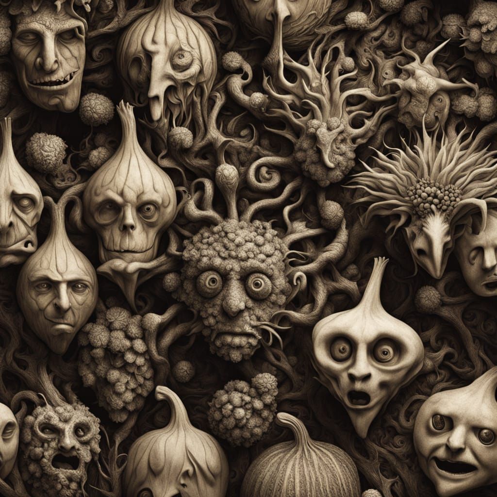 Grotesque Faces Emerge from Earthy Delights in Surreal Macro...