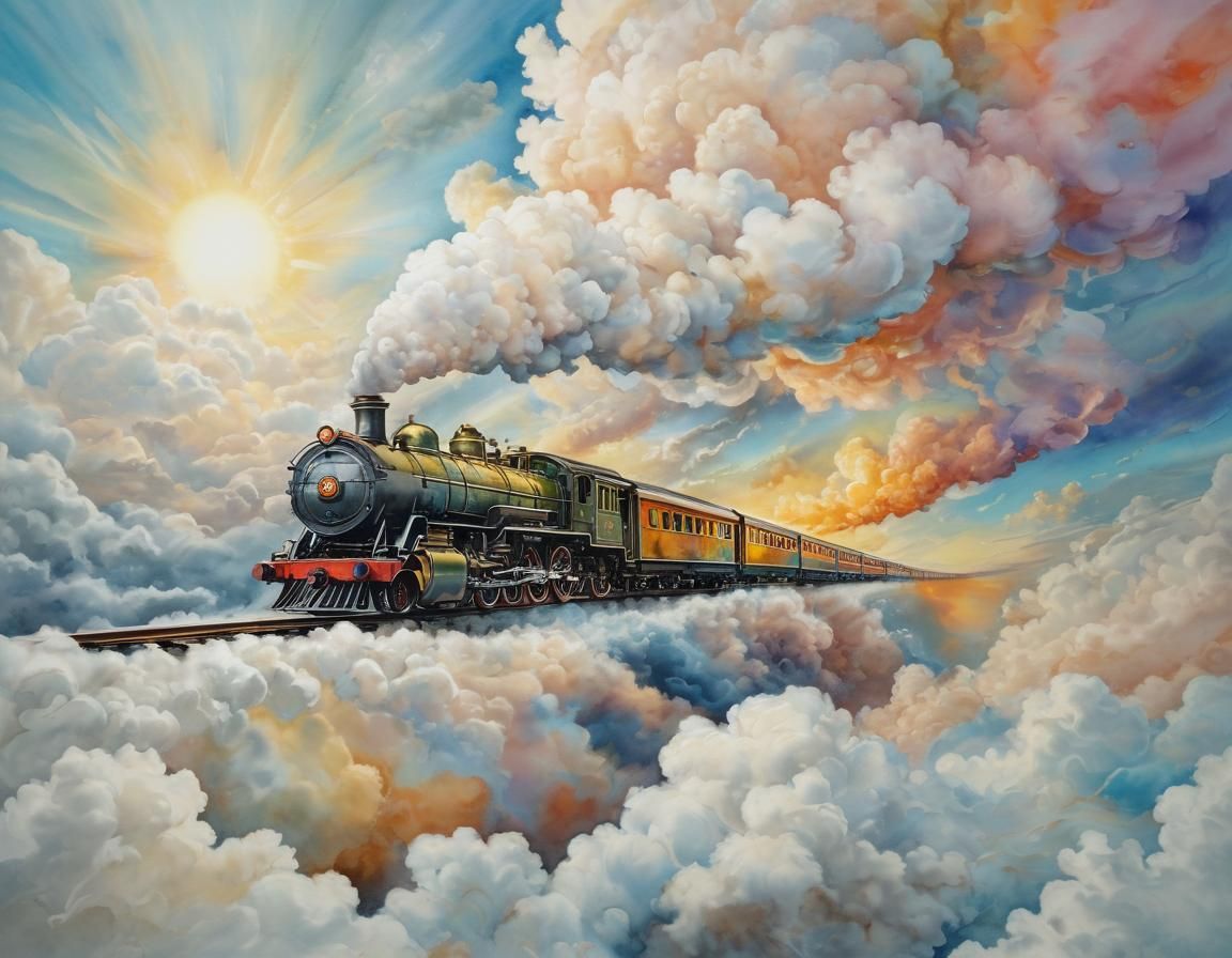 Flying Steam Train Through Beautiful Clouds
