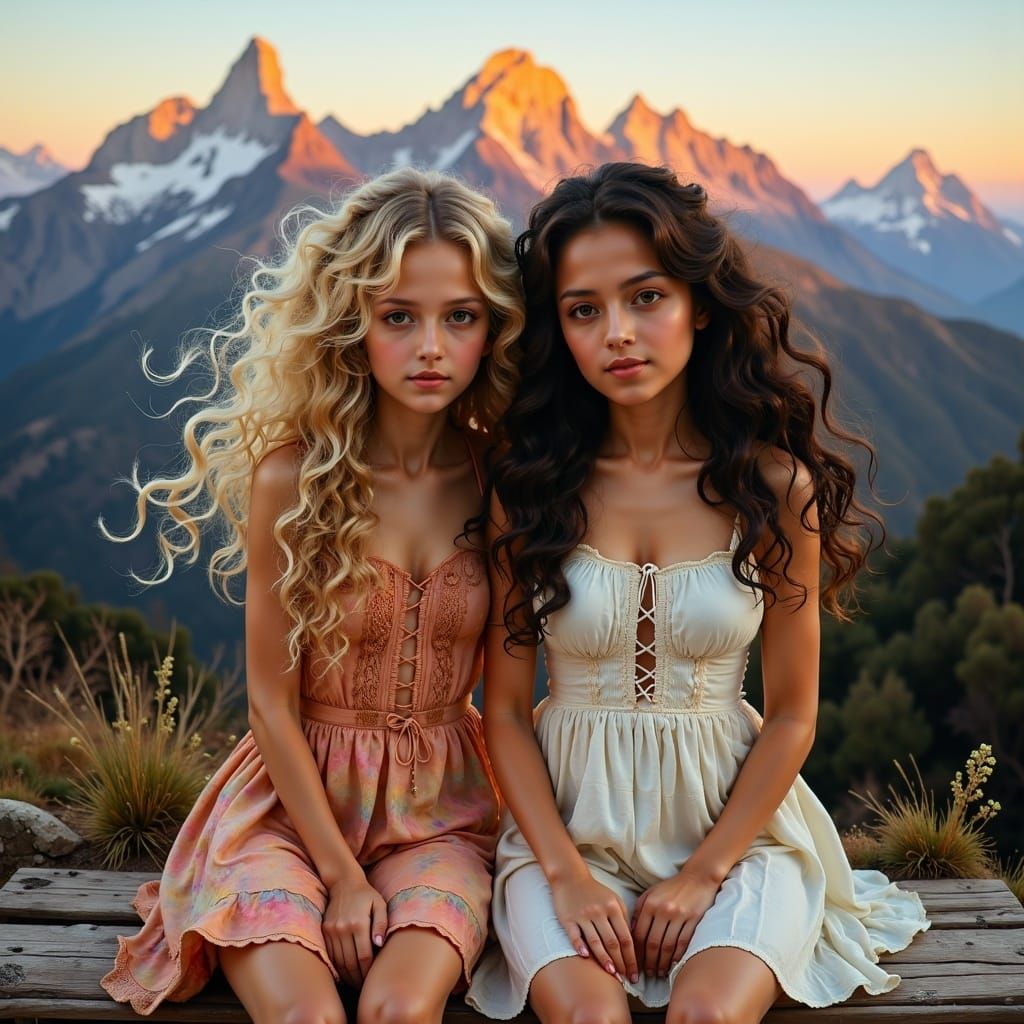 Girls on Mountain Bench in Dreamlike Oil Painting Style