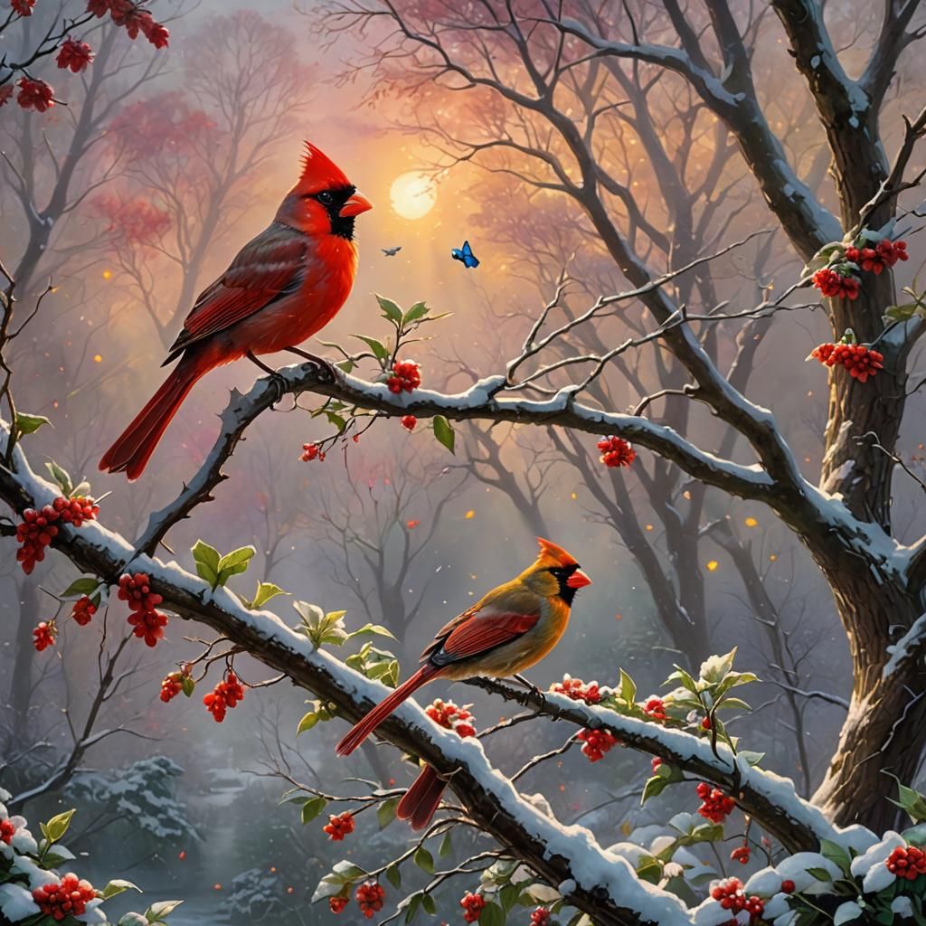 Cardinal in Surreal, Ethereal Winter Landscape