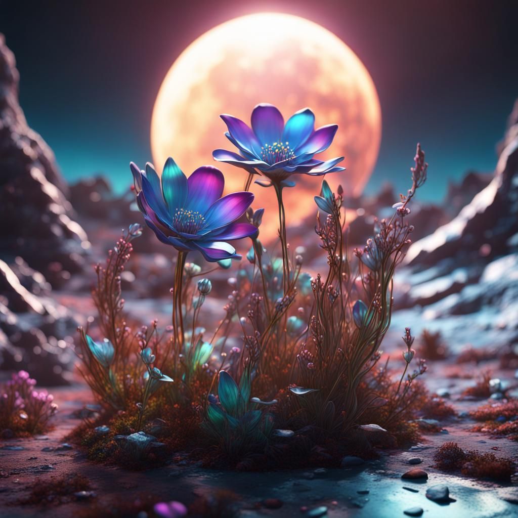 Iridescent Glass Flower on Lunar Surface: Fantasy Art