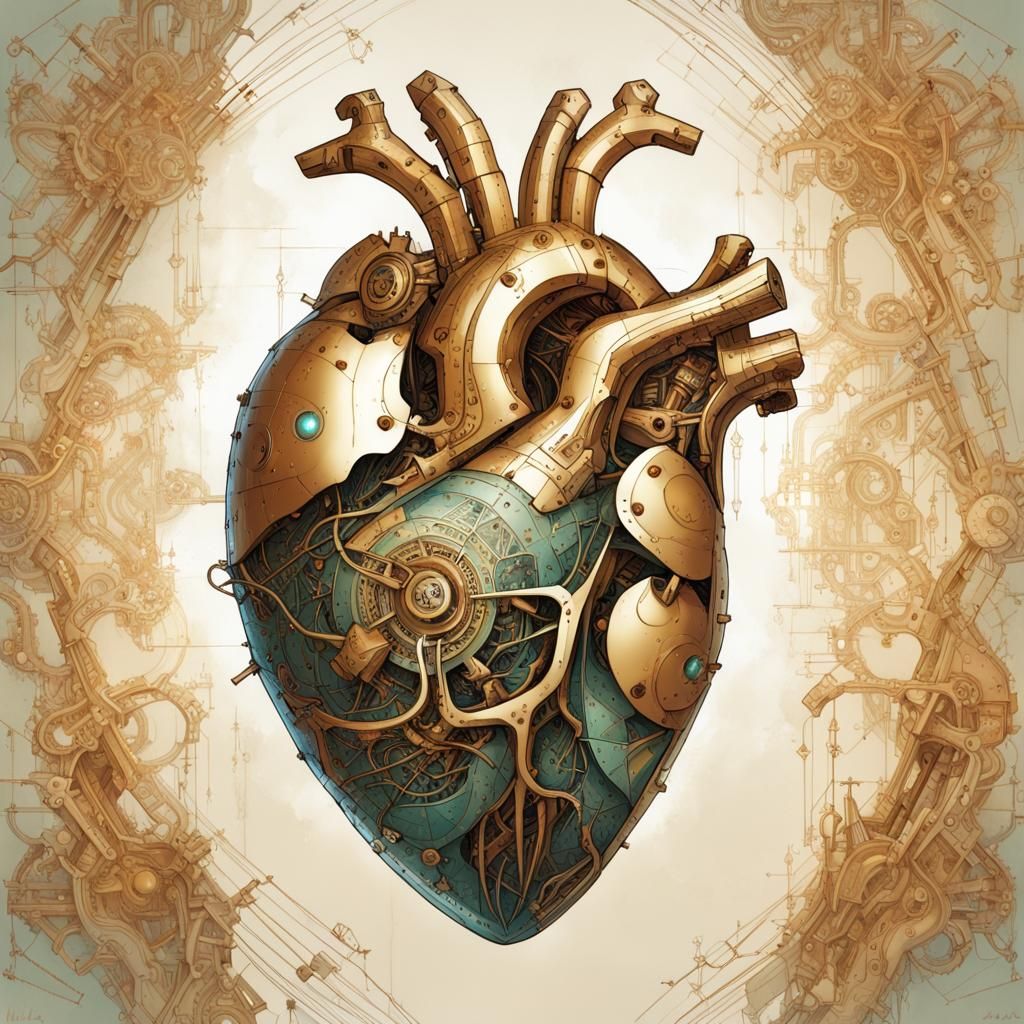 Golden Mechanical Heart: Detailed Digital Painting