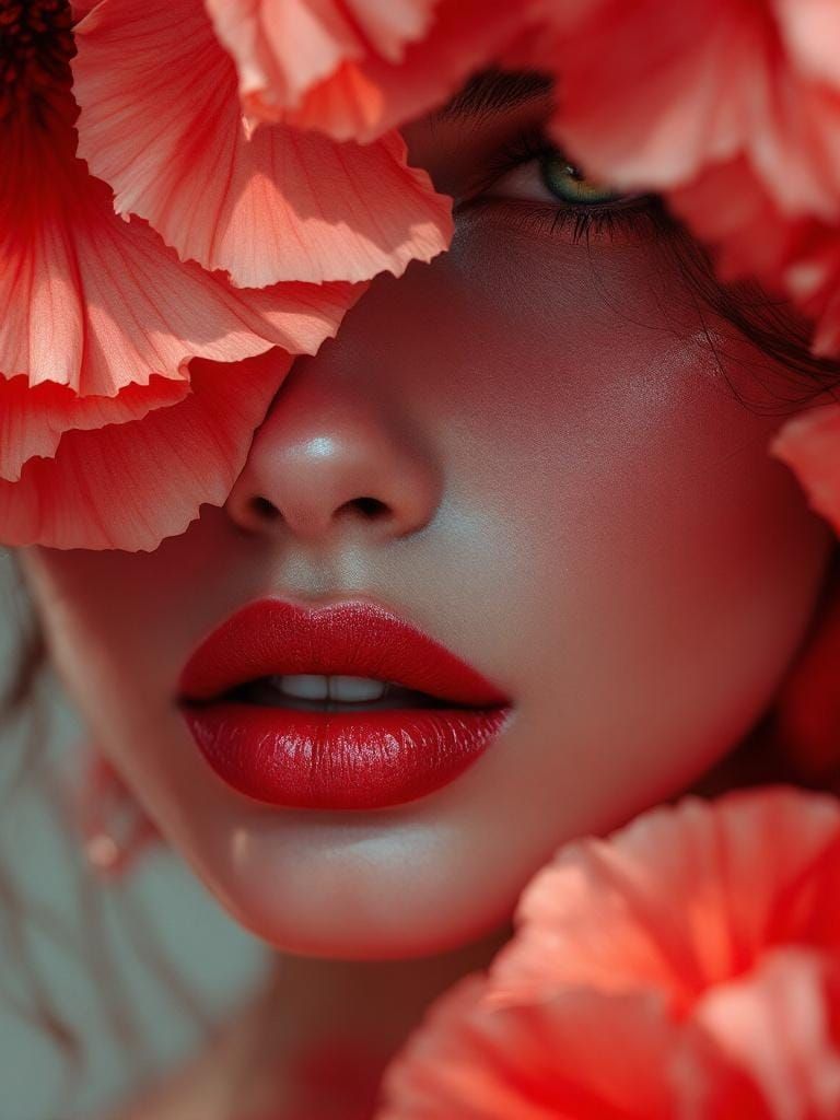Crimson Poppy Portrait: Sensual Beauty in Digital Art