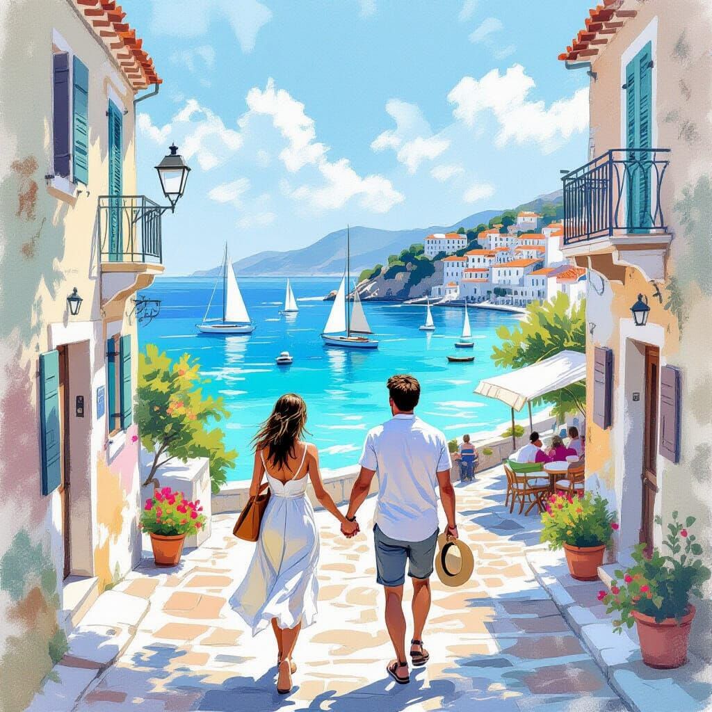 Couple Strolling Seaside in Graphite Sketch Style