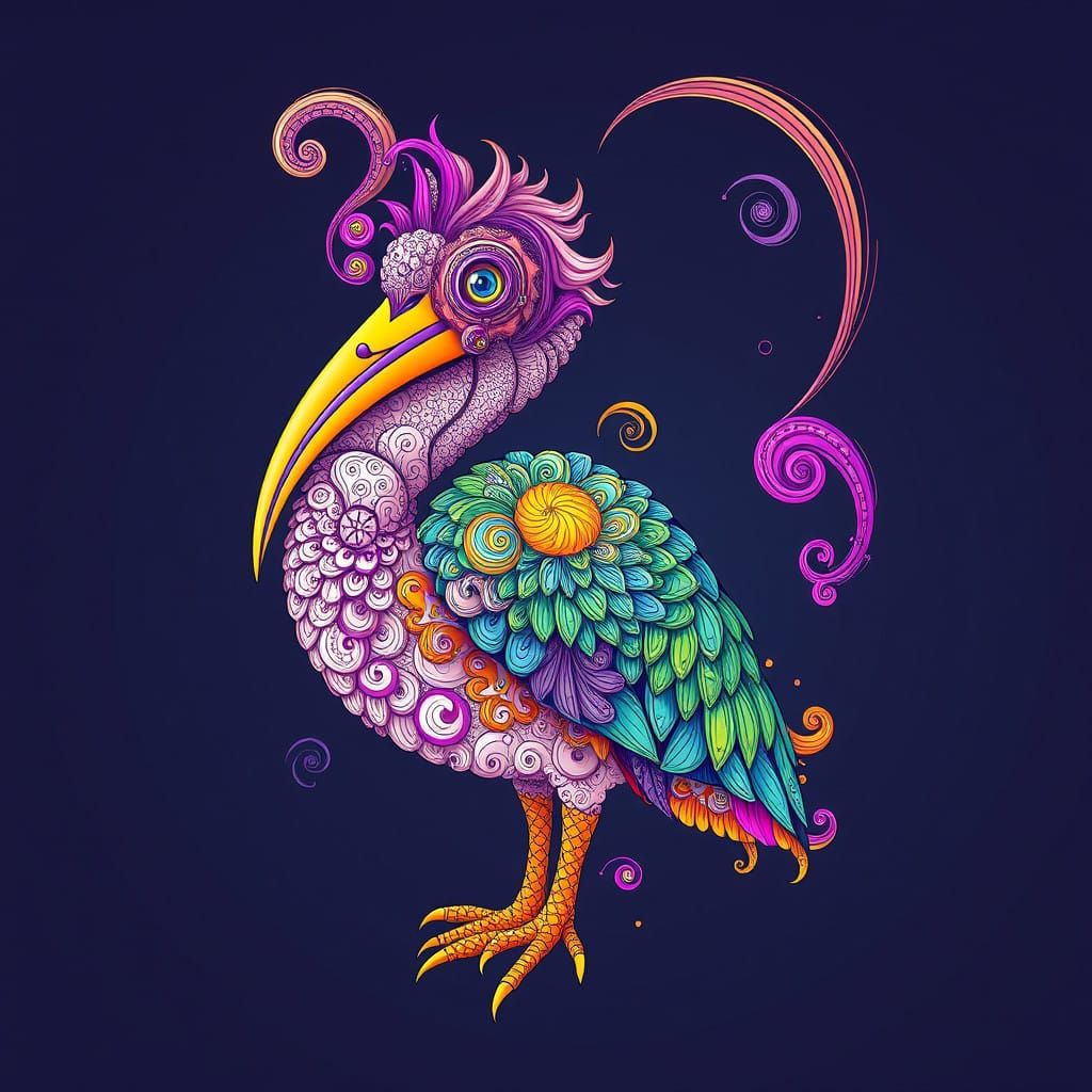 Fractal Dodo Bird in Zentangle Style with 3D Shading