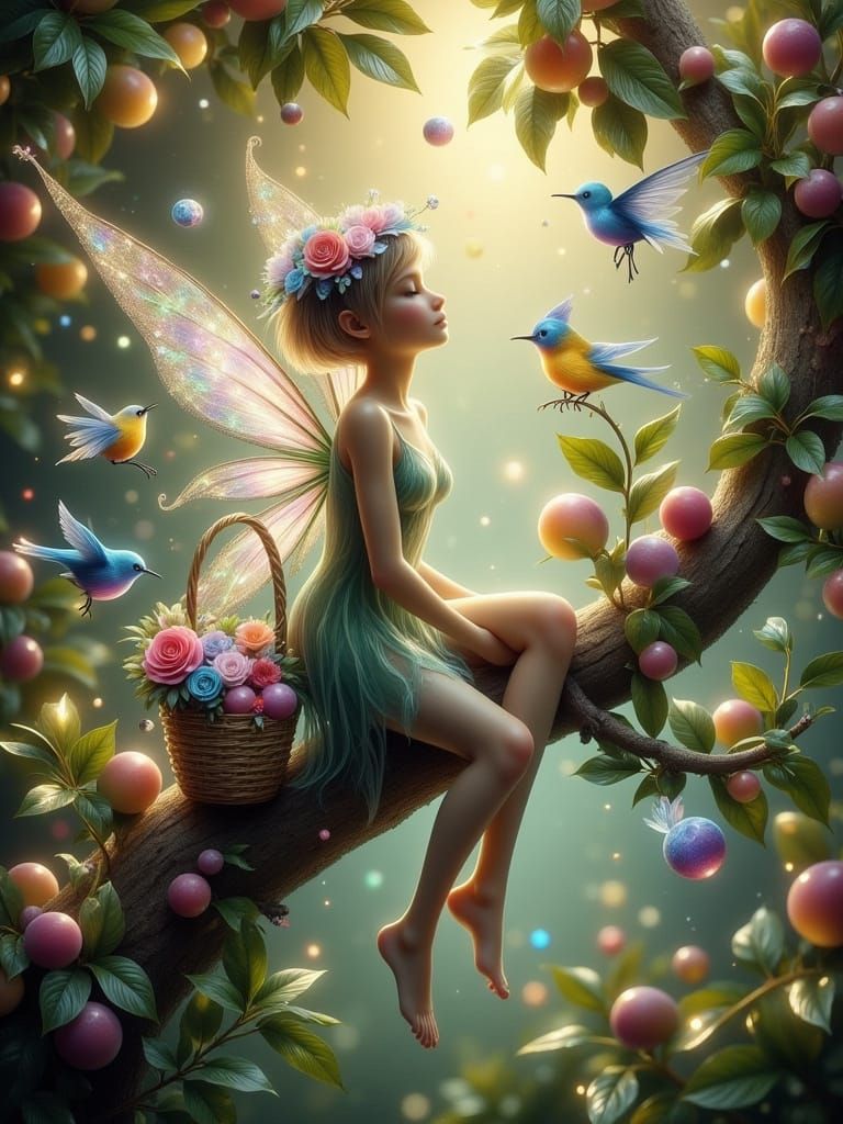 Whimsical Fairy in a Lush Orchard