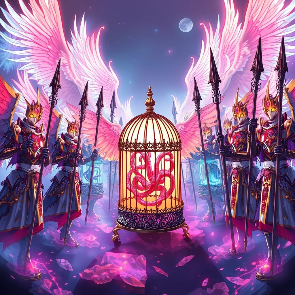 Angels Guard Ethereal Cages in Anime-Inspired Scene