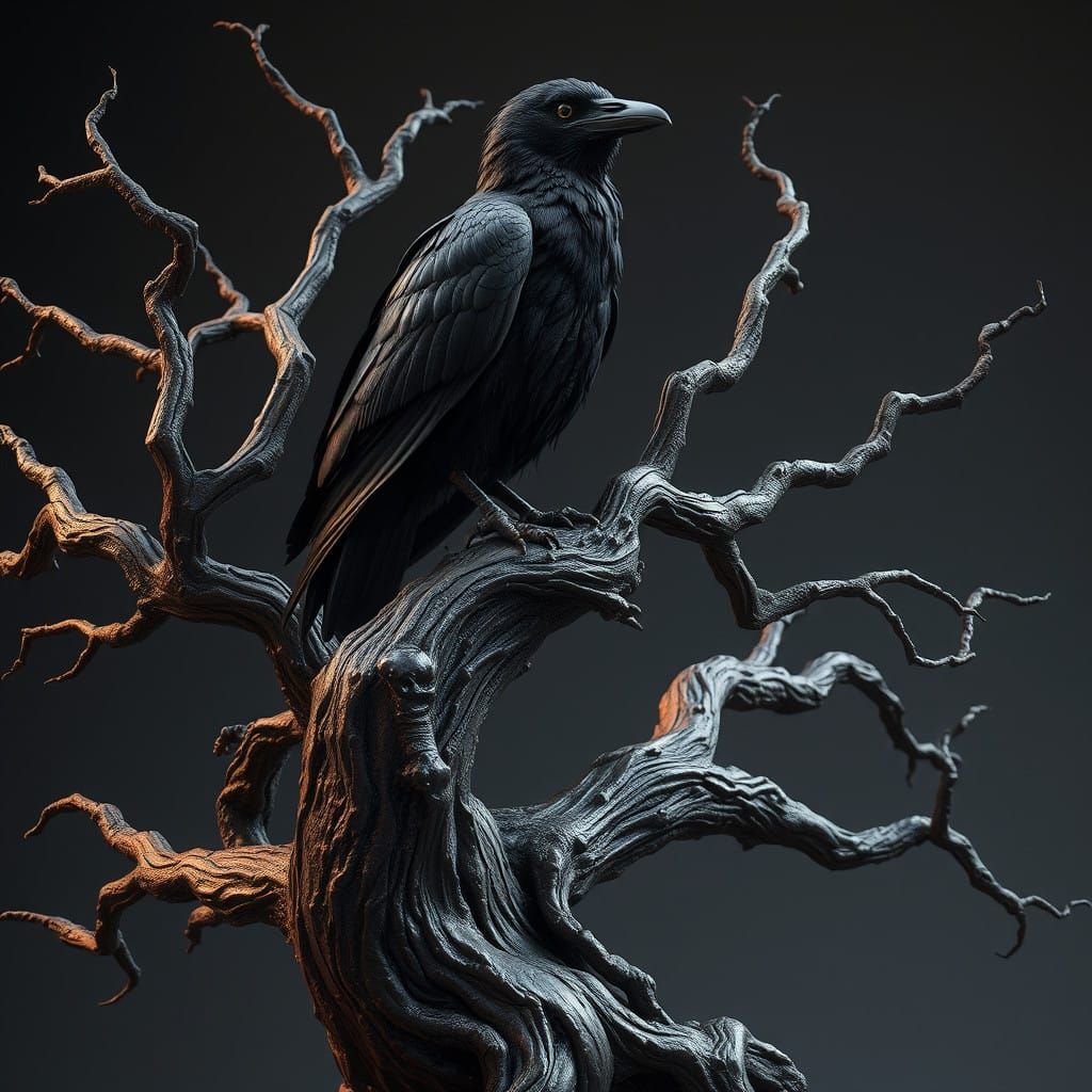 Majestic Raven Adorns Ancient Tree Sculpture in Realistic St...