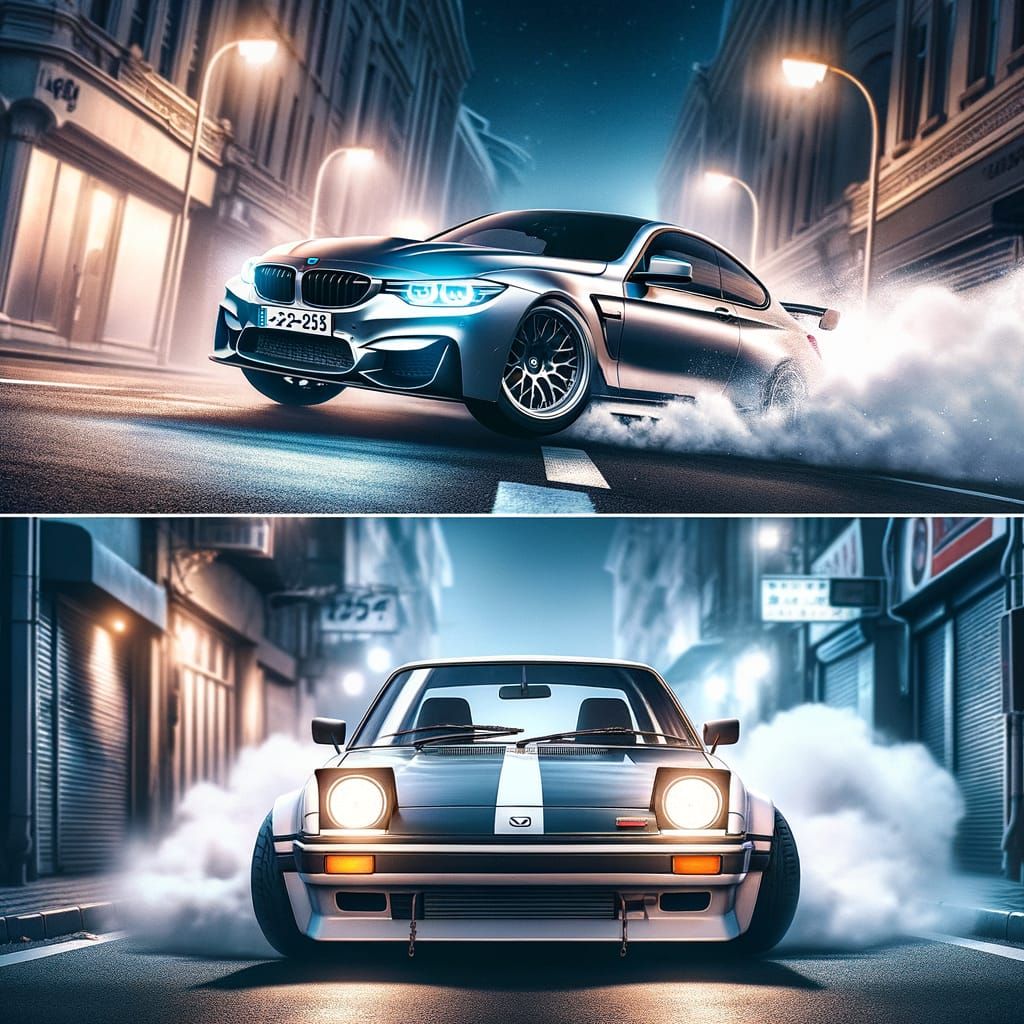 Dynamic Street Scene: Drifting BMW vs. Parking Mazda RX5