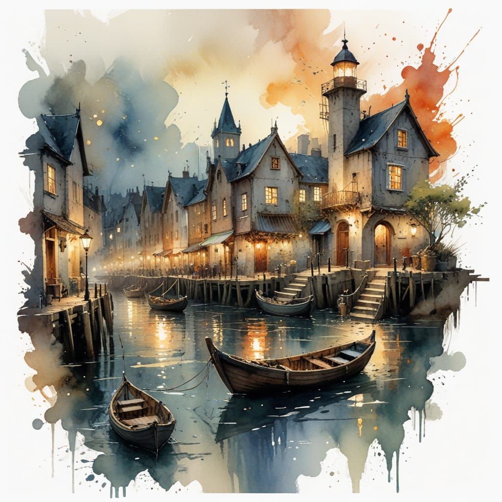 Moonlit Harbor at Sunset in Watercolor Style