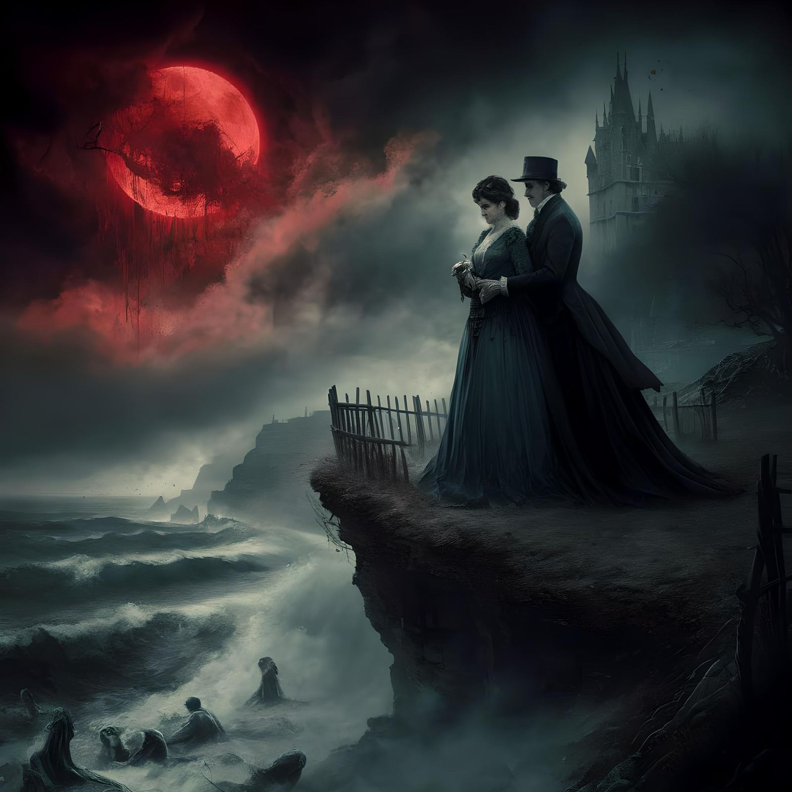 Eerie Victorian Couple Under Blood-Red Moon