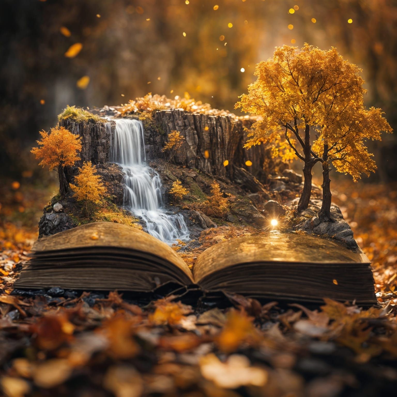 Magical Autumn Waterfall Scene Inside an Open Book