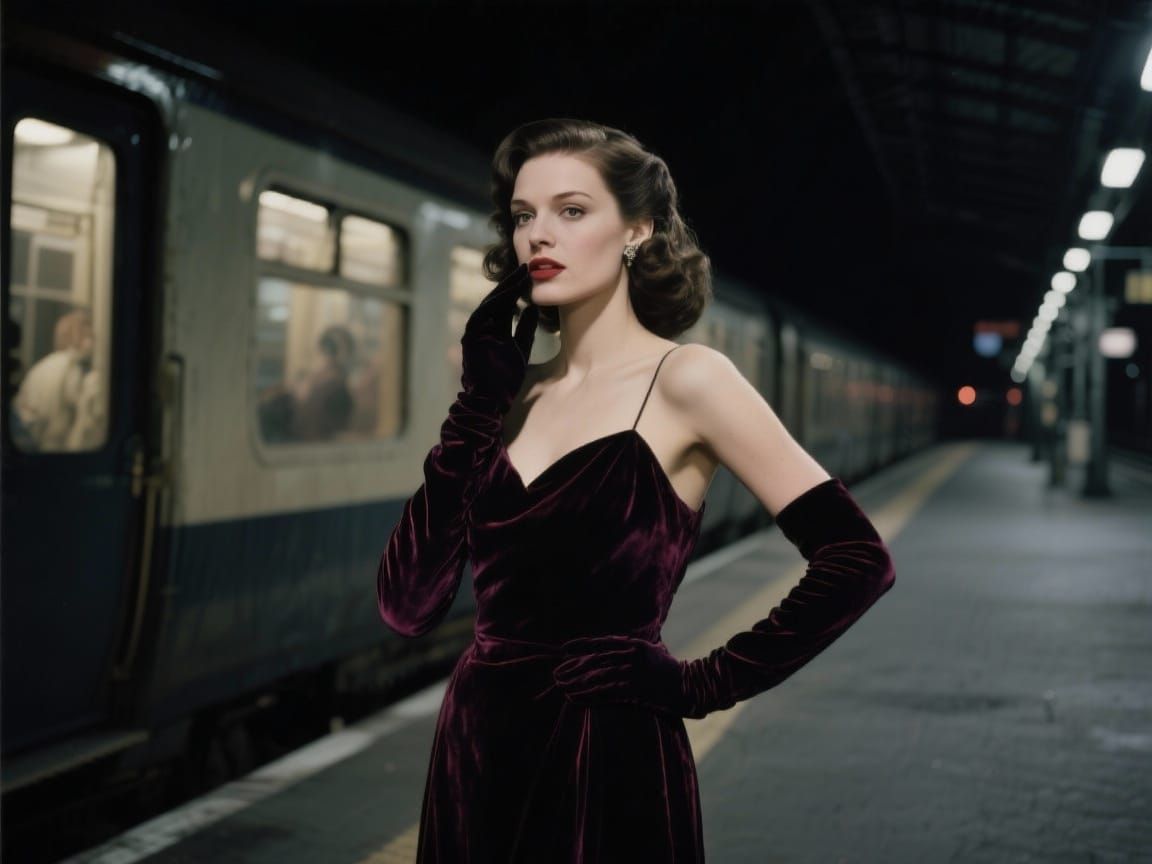 Glamorous Woman on Midnight Train Platform in Film Noir Styl...
