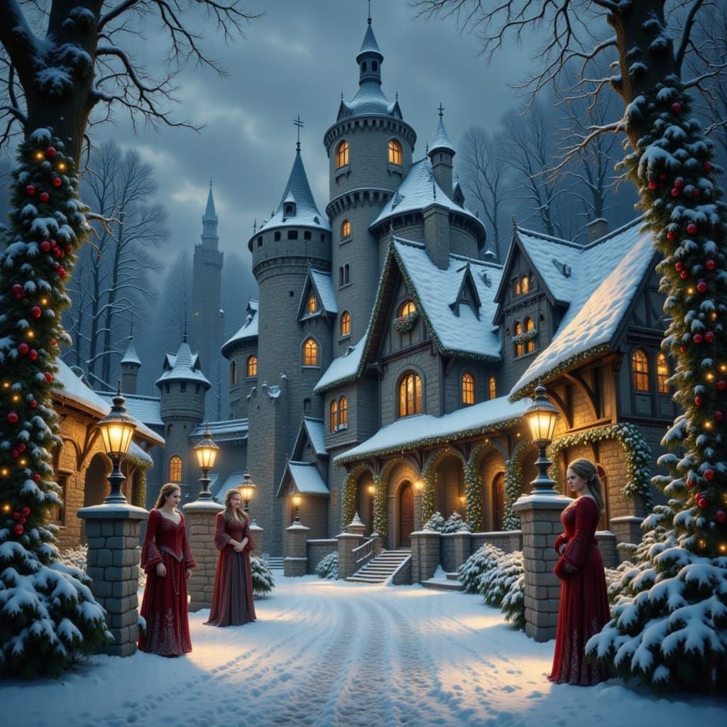 Christmas medieval fantasy scene with snow-covered stone cas...