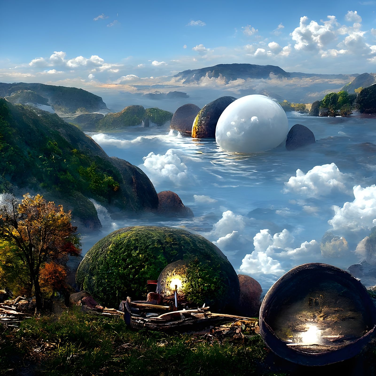 Glowing Spheres in Surreal 3D Landscape