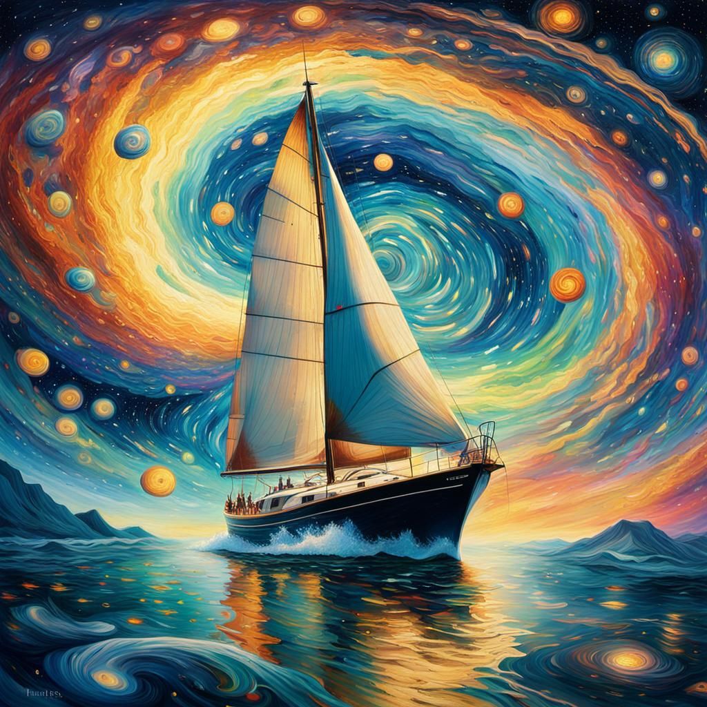 Sail Yacht Navigating Cosmic Vortex as Impressionist Paintin...
