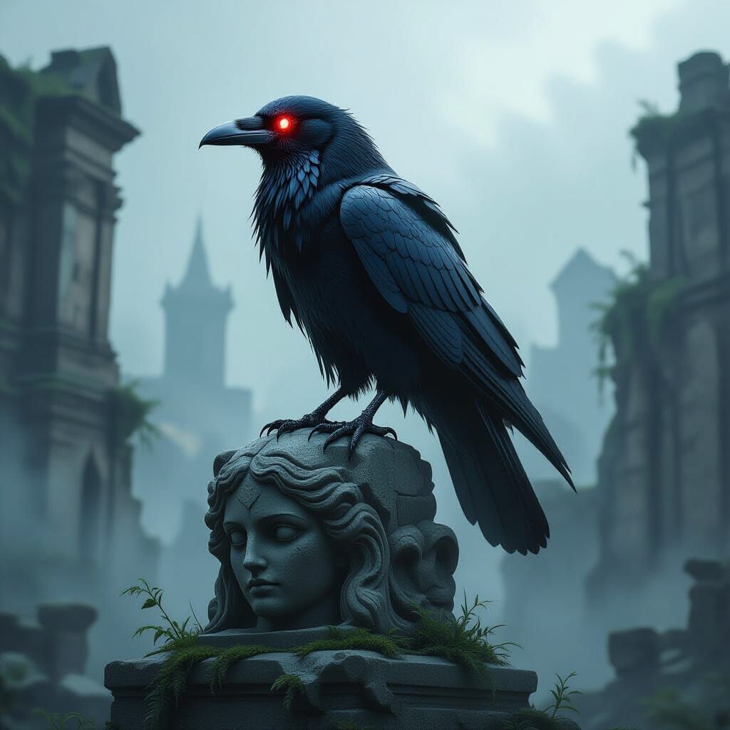 Cybernetic Raven on Ancient Statue in Dark Fantasy City