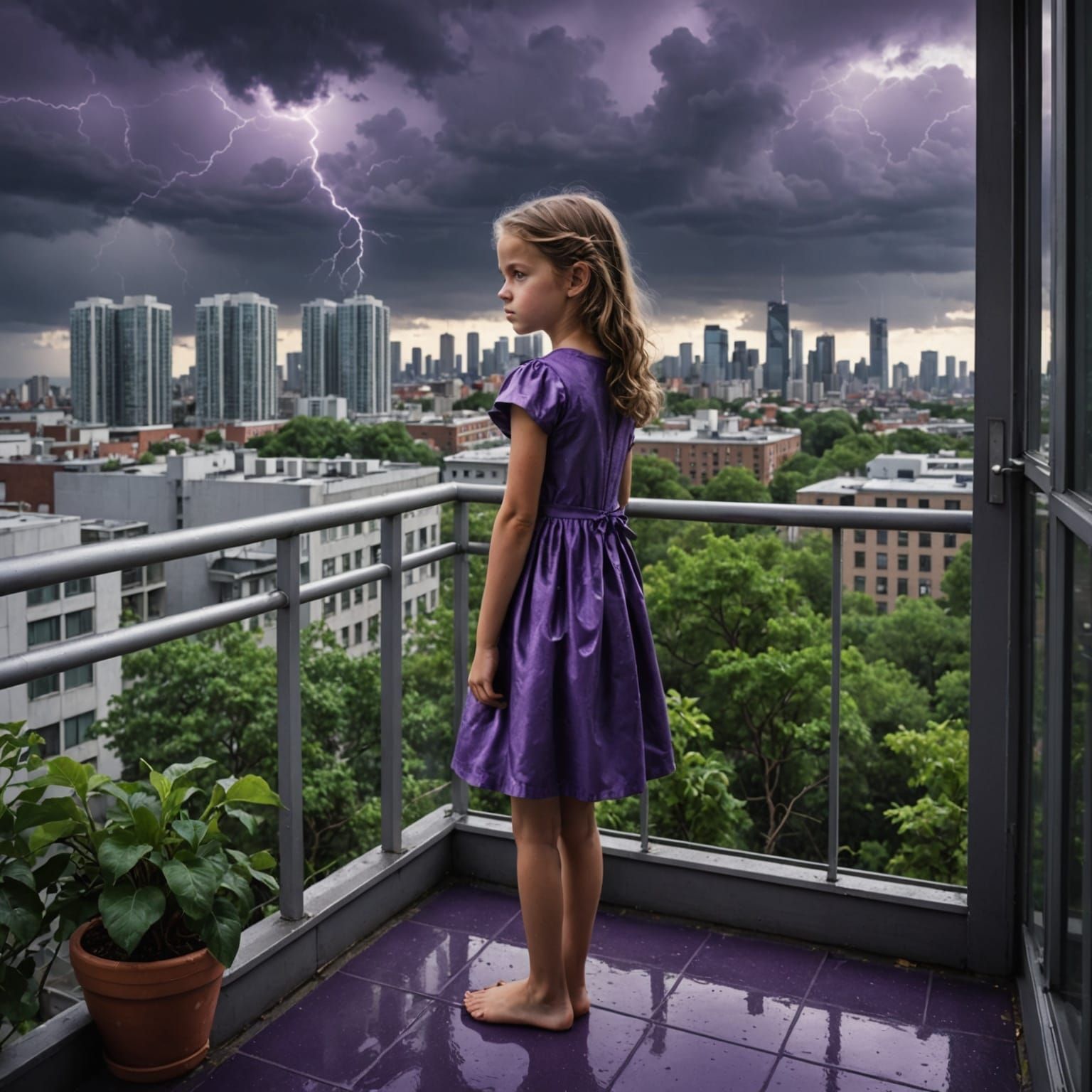 Girl on Balcony Gazes at City Under Stormy Sky