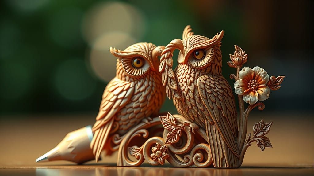 Photorealistic Sculpture of Owls in Whimsical Woodland Scene