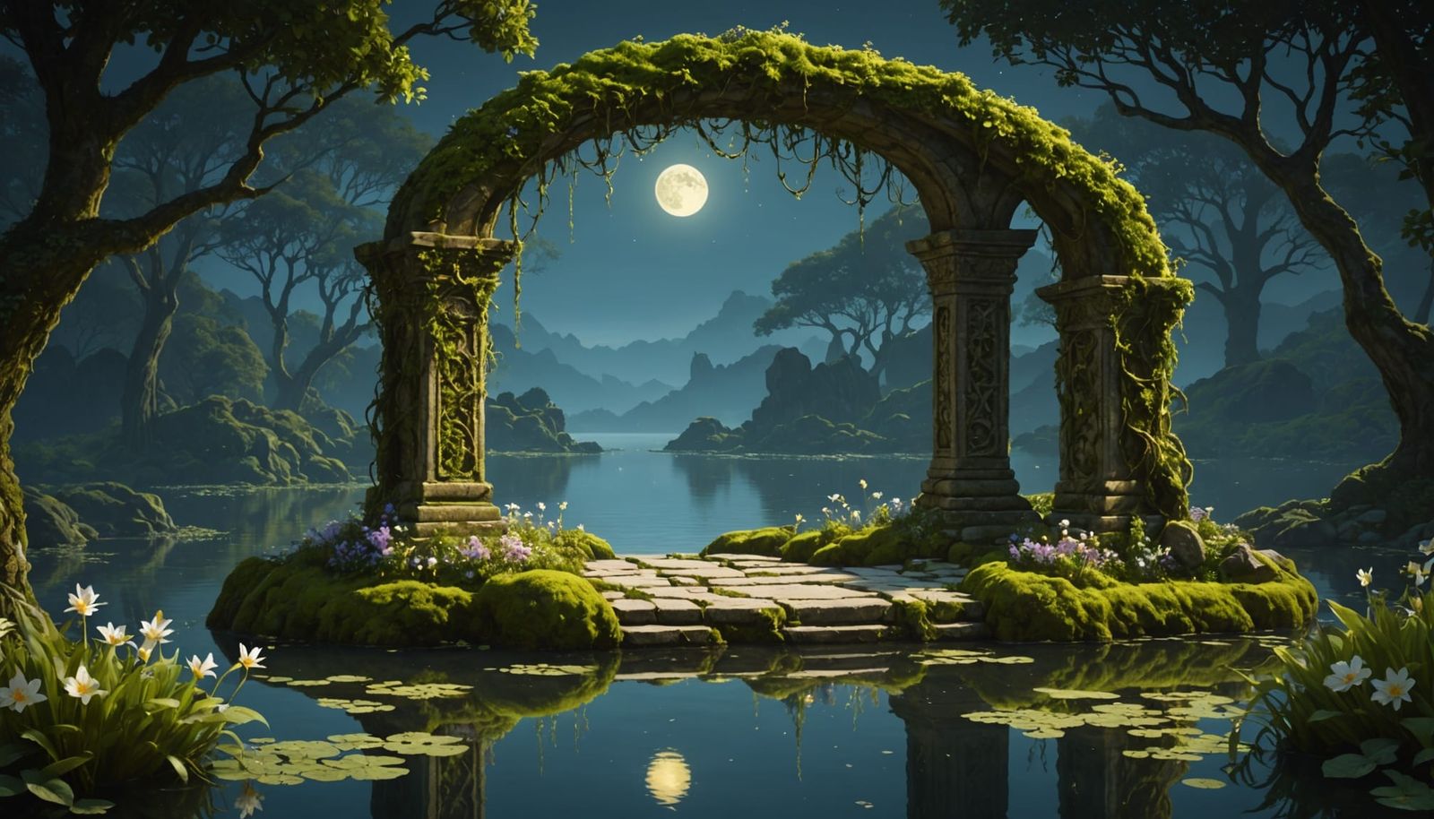 Golden Archway Overlooking Moonlit Lake in Art Nouveau Style