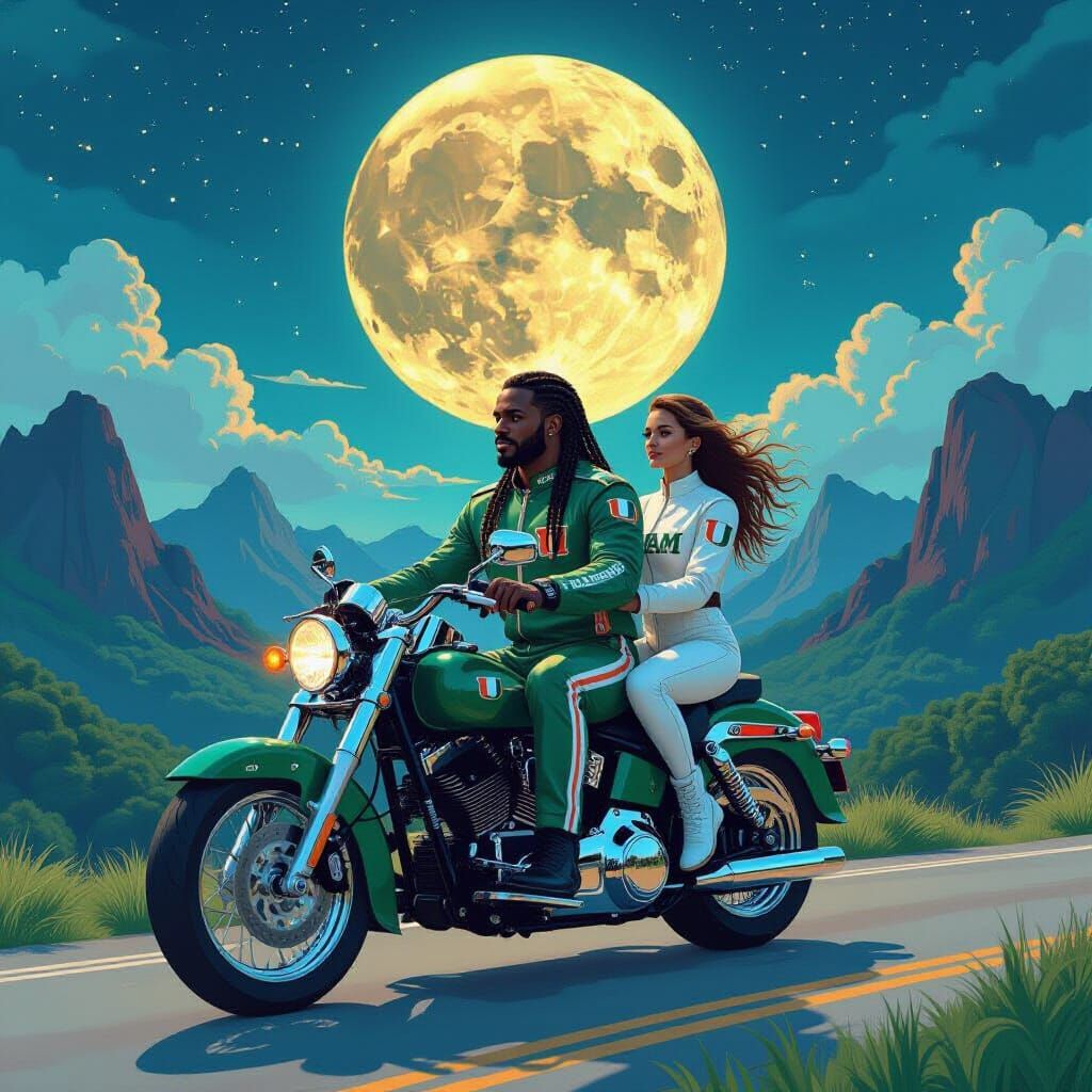 Vivid Digital Painting of Couple on Motorcycle Under Colorfu...