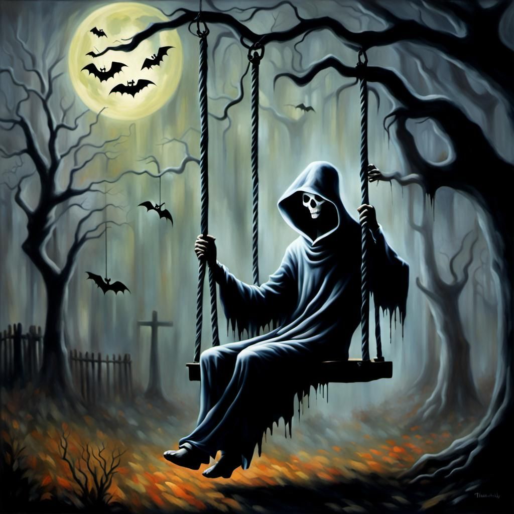 A haunting and captivating painting of a figure on a swing, rendered in the distinctive style of Ron Walotsky, evoking a...