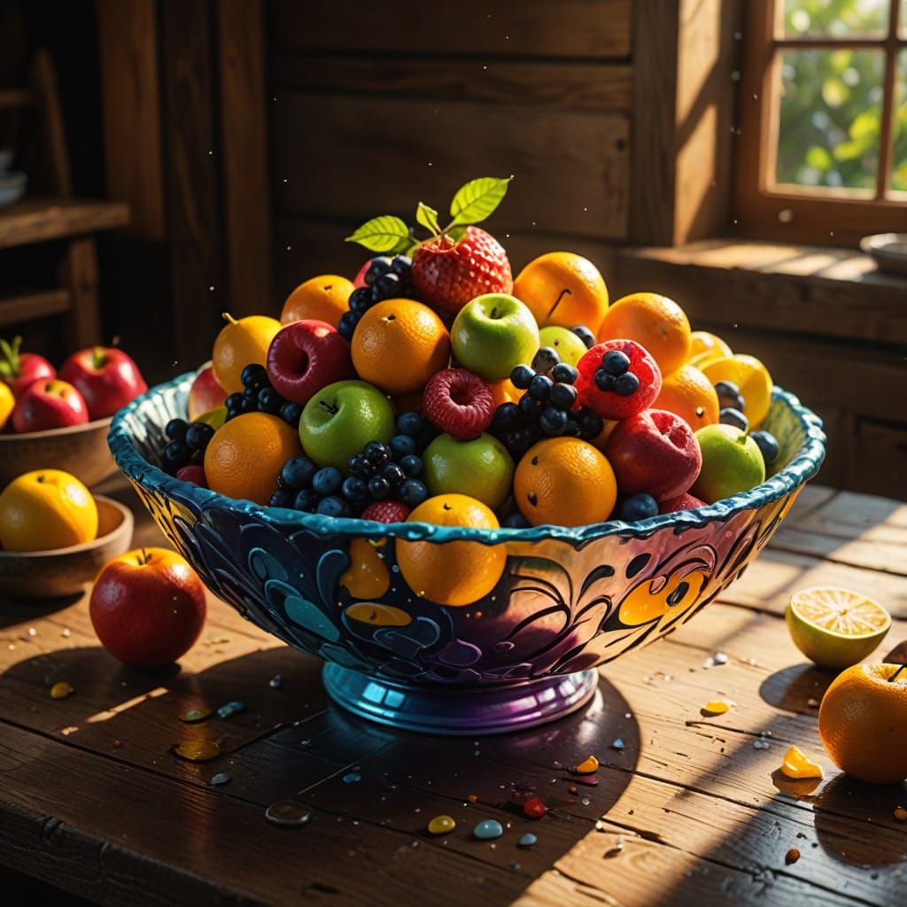 Un precioso y apetitoso frutero en un bodegón con fondo rust...