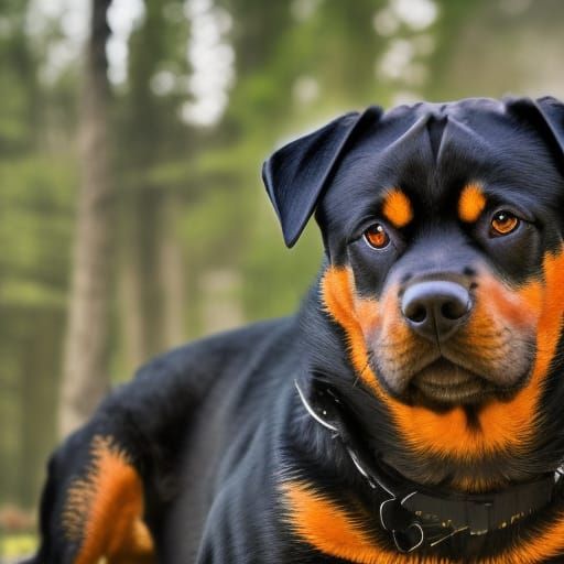 Dramatic Rottweiler Close-Up in Forest Digital Painting