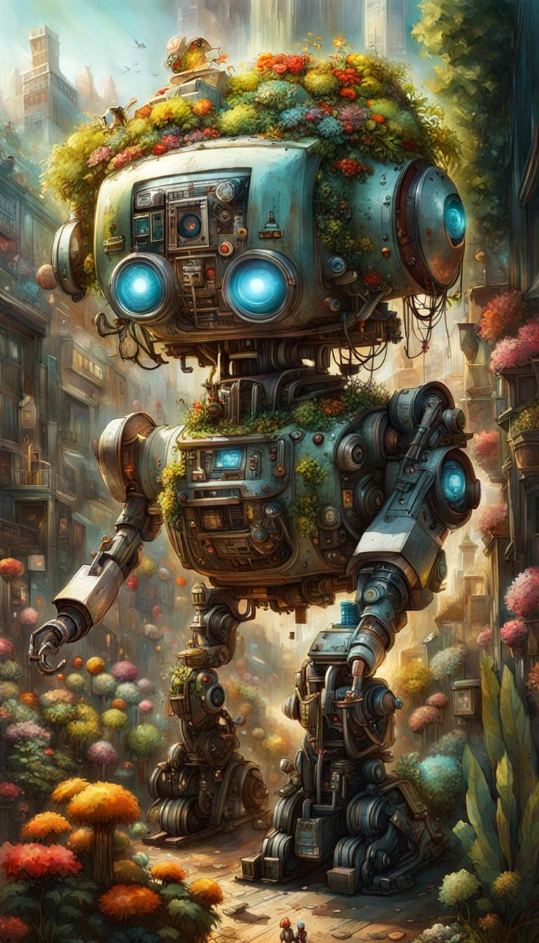 Robot Grandfather Weeding: Double Exposure Watercolor Art