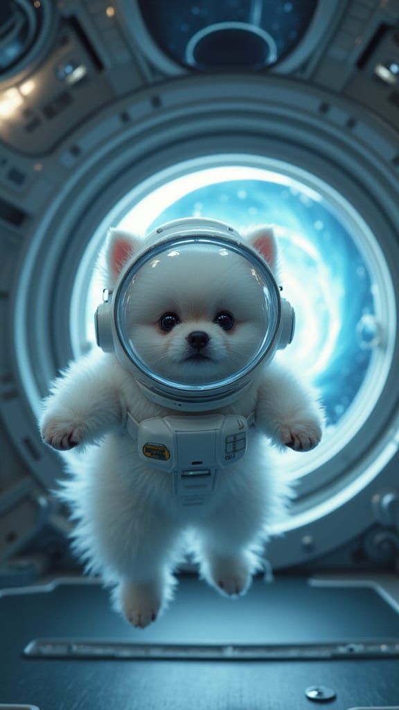 Weightless White Pomeranian in Futuristic Spacecraft