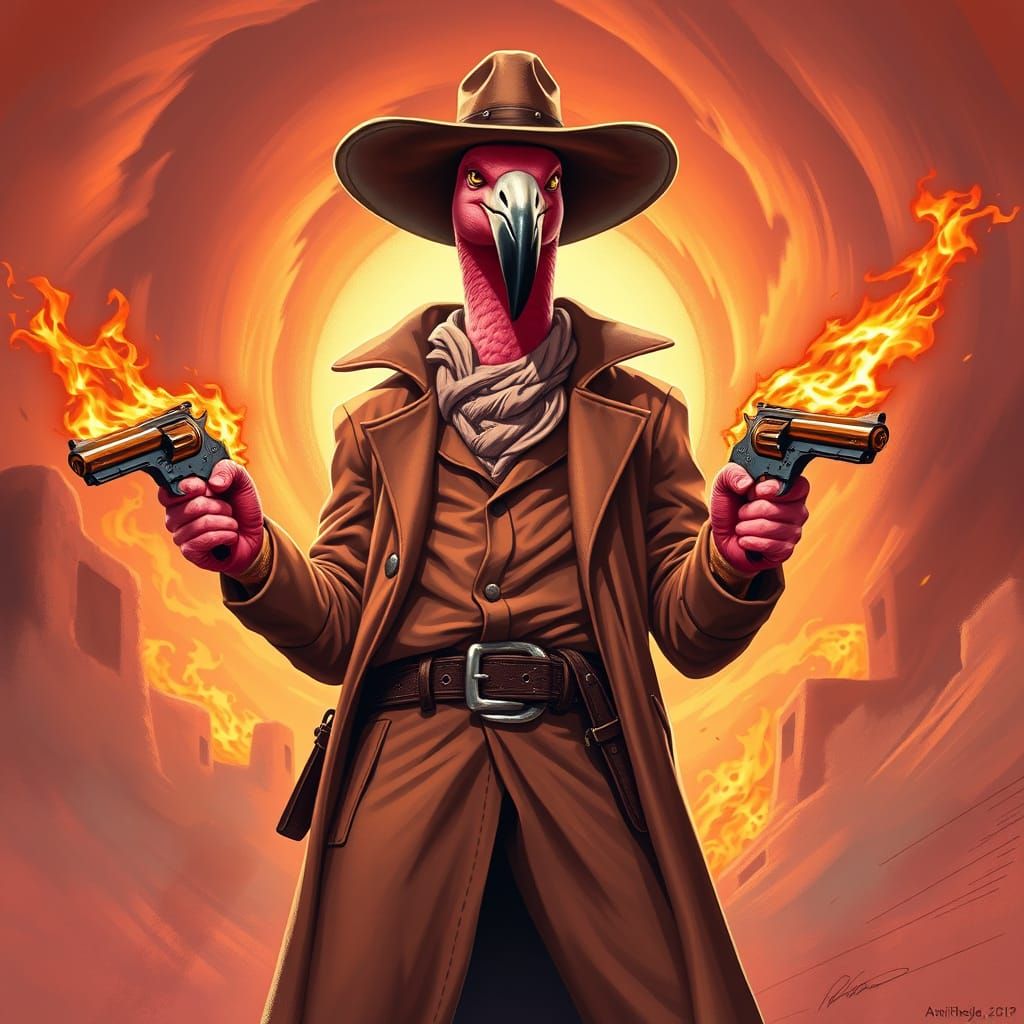 Vibrant Flamingo Gunslinger in Gritty Western Scene