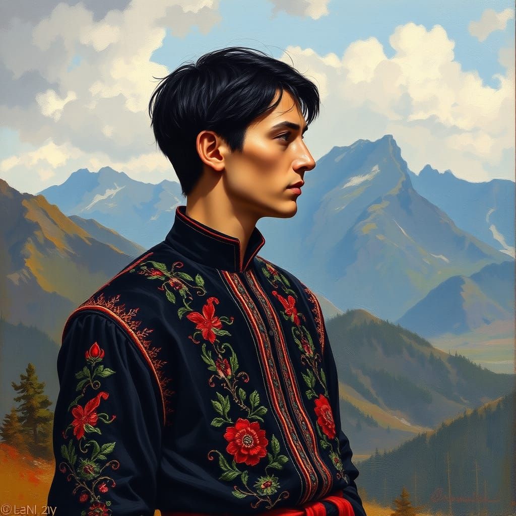 Romanian Man Contemplates Carpathian Landscape as Painting