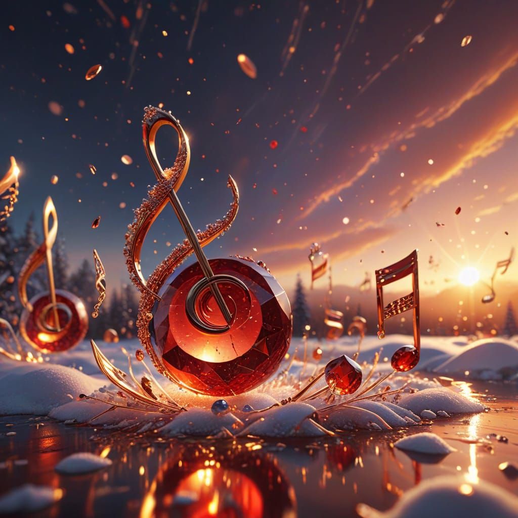 Crystalline Notes and Snowflakes at Sunset as Oil Painting
